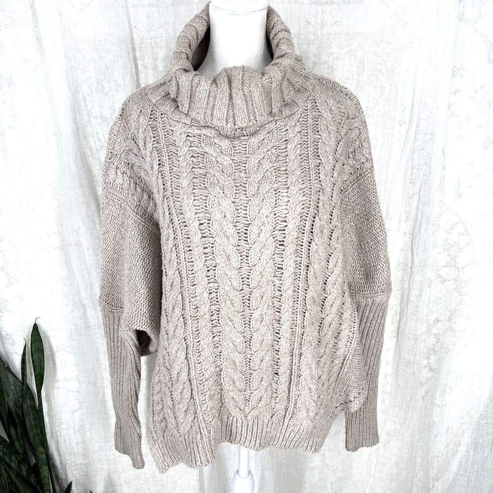 Chunky Oversized Cable Knit Turtleneck Sweater M Fisherman Granola Boho Slouchy